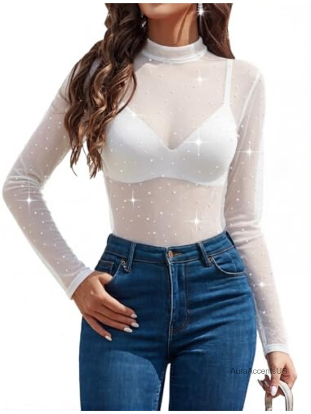 Women's Rhinestone Mesh Long Sleeve Top Sheer See Through Clubwear Mock Neck